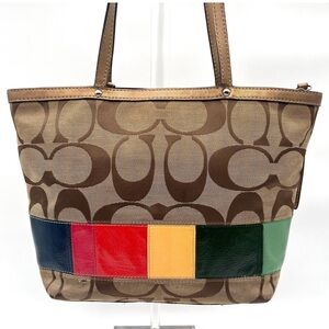 COACH LEGACY SIGNATURE CANVAS TOTE WITH MULTICOLORED STRIPE